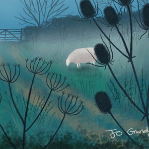 May include: A white sheep grazes in a field of tall grass and wildflowers. The background is a soft blue with a hazy, misty effect. The scene is framed by a row of dark, spiky plants.