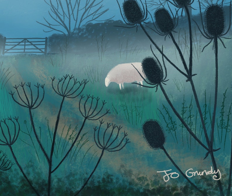 May include: A white sheep grazes in a field of tall grass and wildflowers. The background is a soft blue with a hazy, misty effect. The scene is framed by a row of dark, spiky plants.