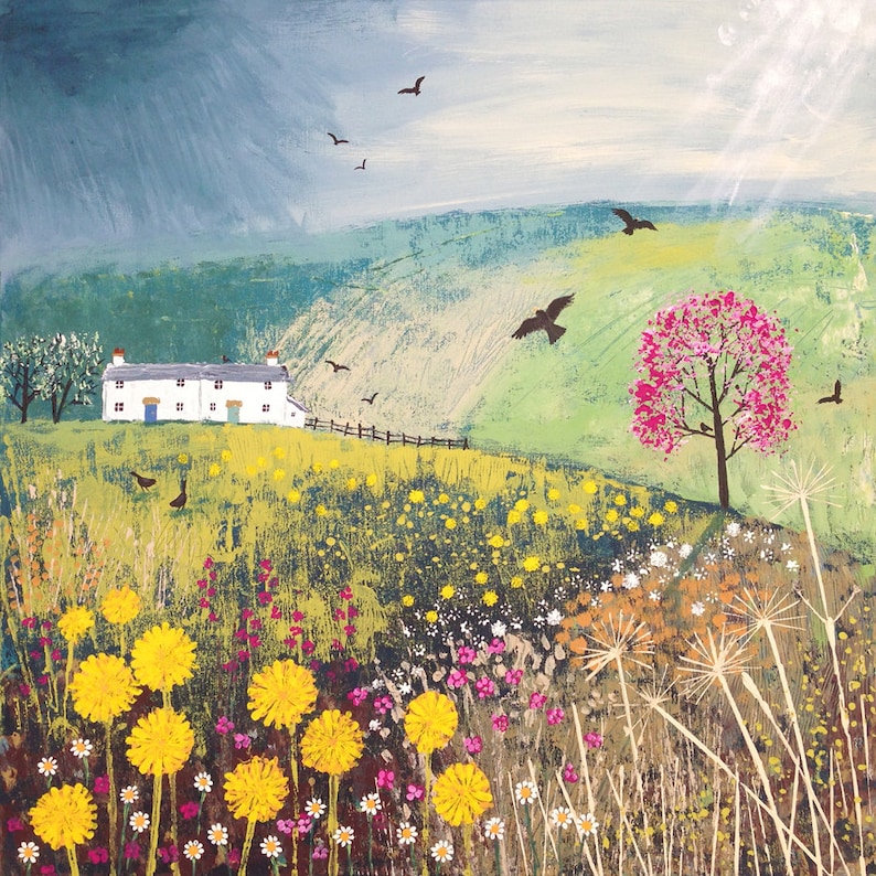 Mounted print of English countryside in spring with pink blossom tree from an original acrylic painting 'April Showers' by Jo Grundy image 2