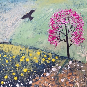 Mounted print of English countryside in spring with pink blossom tree from an original acrylic painting 'April Showers' by Jo Grundy image 3