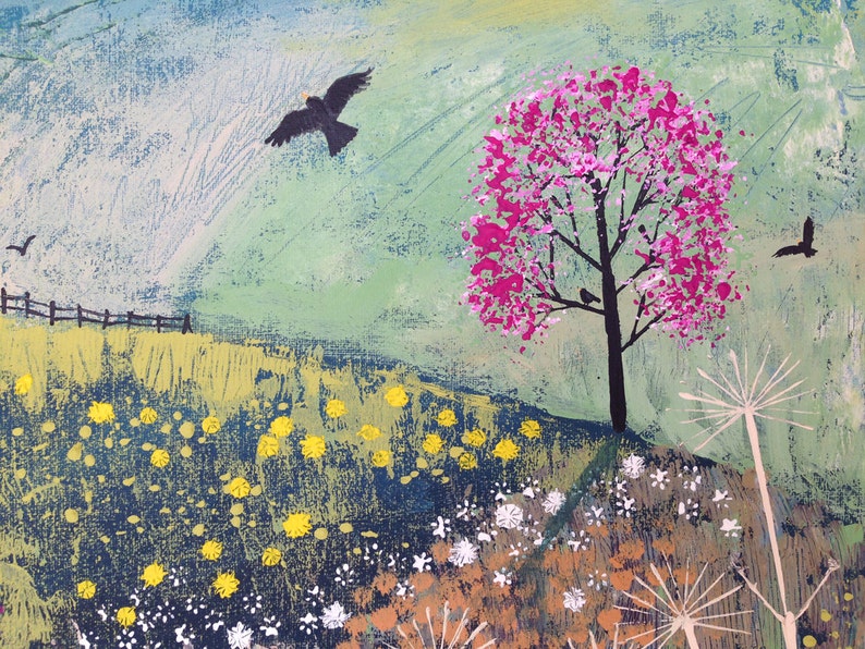 Mounted print of English countryside in spring with pink blossom tree from an original acrylic painting 'April Showers' by Jo Grundy image 3