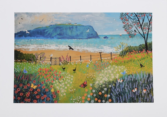 鴫剛、【GRASSY PLACE / SEASIDE】、希少画集・額装画 Print on Paper of Garden by the Sea With Flowers and Butterflies