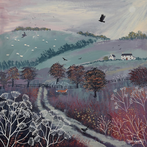 Canvas print of an autumn scene with cottages, fox and birds from an original painting 'Autumn Dusk' by Jo Grundy