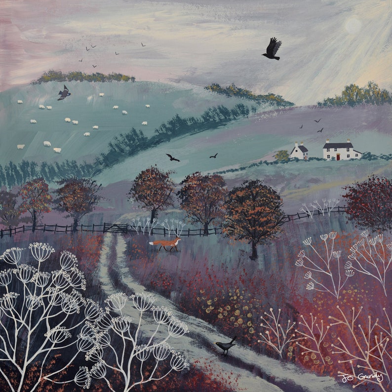 May include: A painting of a rural landscape with a small white house, a fox, and birds flying in the sky. The scene is painted in muted tones of blue, purple, and green.