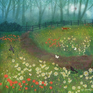 May include: A whimsical illustration of a forest clearing with a fox, birds, and flowers. The scene is painted in soft, muted colors with a dreamy, ethereal feel.