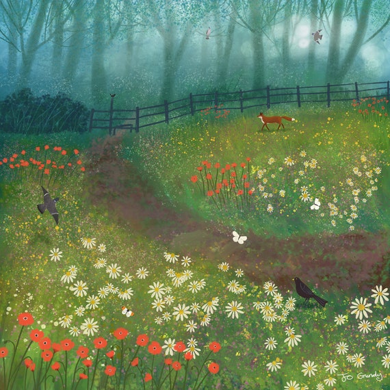 Canvas print of misty landscape with fox and birds from an original image created using Procreate called 'Meadow by Misty Wood' by Jo Grundy