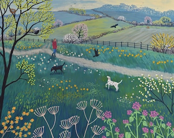 Canvas print of an English landscape in spring with fox and person walking dogs from an original acrylic painting 'Spring Walk' by Jo Grundy