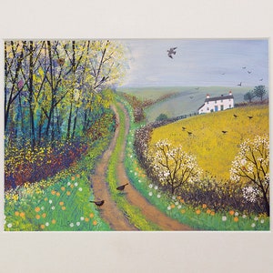 Mounted print, 10 x 8 inches of a spring landscape from an original acrylic painting 'Spring Lane' by Jo Grundy