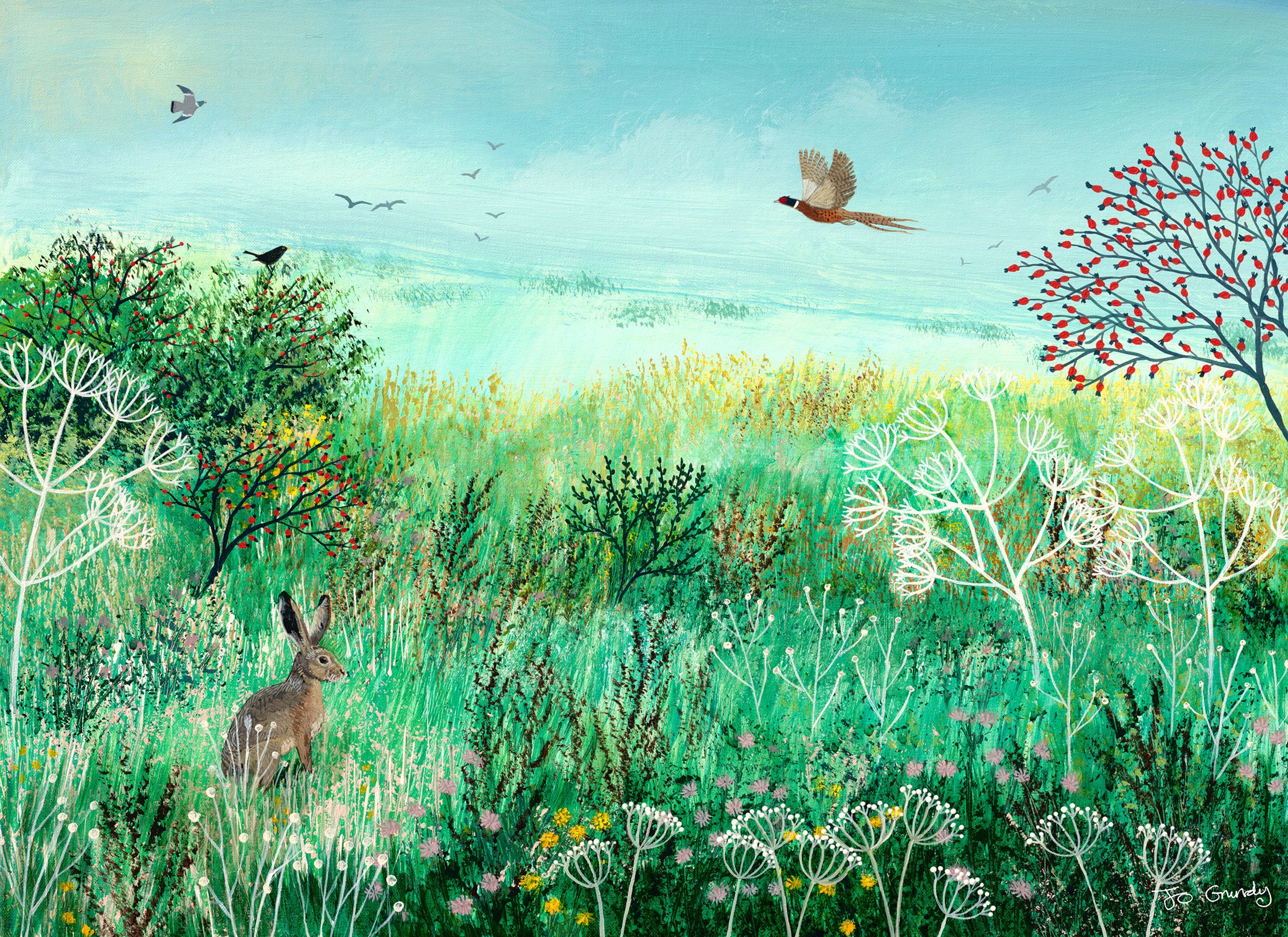 16 x 22" canvas print of a meadow with hare and pheasant from an original acrylic painting 'Across Misty Meadow' by Jo Grundy
