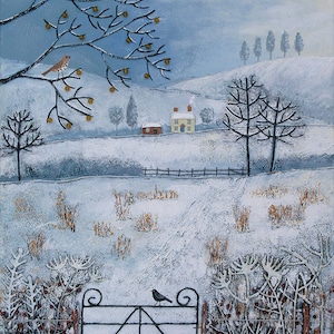 Print on paper of English landscape in the snow from acrylic original painting &#39;Winter Fields by Jo Grundy
