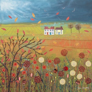 12 x 12 inch canvas print of English scene in the autumn from an original mixed media painting 'Autumn Storm' by Jo Grundy