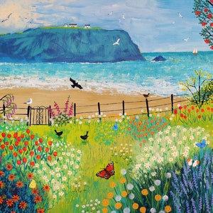 16 x 24 inch canvas print of seascape, birds, flowers and butterflies from an acrylic original painting 'Garden Beside the Sea' by Jo Grundy