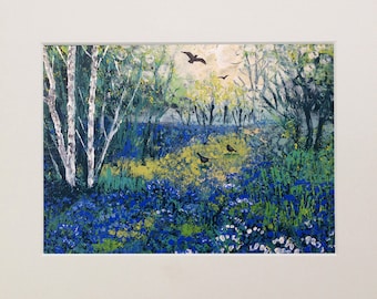 Mounted print, 10 x 8 inches of bluebell wood from an original acrylic painting 'Bluebell Haze' by Jo Grundy
