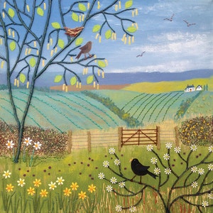 Canvas print of English countryside in spring with blackbirds from an original mixed media painting 'Thoughts of Spring' by Jo Grundy