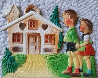 Vintage German Die Cut Embossed Calendar Topper Children Cottage Hansel and Gretel