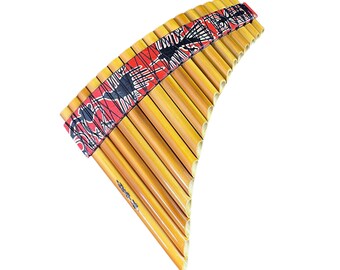 Flûte de Pan en bambou brûlé, 13 tuyaux, accordable, motif lignes de Nazca, fabriquée à la main au Pérou, style andin (Zampona), 20 x 20 cm