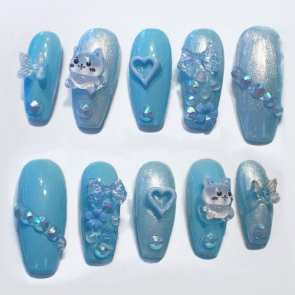 3D Handmade Press on Nails Kawaii Blue Kpop style Standard Size M