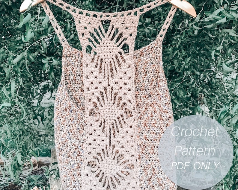 May include: A crochet tank top with a delicate openwork design on the back. The top is made with a beige yarn and has a light brown and beige speckled pattern. The text "Crochet Pattern PDF ONLY" is visible in the image.