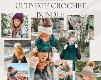 BUNDLE crochet patterns, 9 crochet patterns in ONE! Beanies, headbands and scarves!
