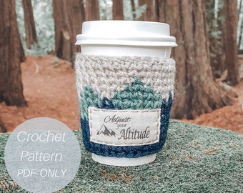 Coffee Cozy/ Crochet Coffee Cozy / Mountain Range Coffee Cozy / INCLUDES 16 png graphics with tag tutorial / Coffee Cozy Pattern