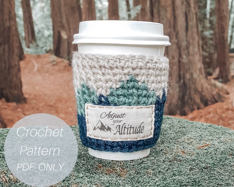 Coffee Cozy/ Crochet Coffee Cozy / Mountain Range Coffee Cozy / INCLUDES 16 png graphics with tag tutorial / Coffee Cozy Pattern 