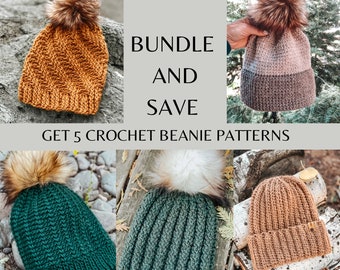 Crochet Beanie Pattern Bundle: 5 Worsted Weight Designs (PDF Pattern)