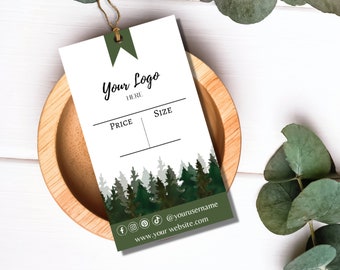 Editable product tag, Pine Trees branding, editable thank you card, stickers, Canva template, hang tag template, price tag, customizable tag