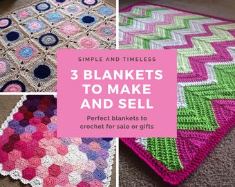 CROCHET PATTERN BUNDLE - 3 PDFs of my most popular crochet blanket patterns people buy to make products for handmade shop/baby shower gift