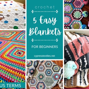 CROCHET PATTERN BUNDLE - 5 PDFs with easy to crochet blankets perfect for crochet beginners