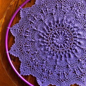 Op de afbeelding: Een grote, paarse gehaakte doily met een gedetailleerd, ingewikkeld ontwerp. De doily is rond en heeft een centrum met een kleiner, ingewikkelder ontwerp.