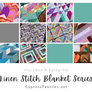 May include: Nine colorful crochet blankets in a grid pattern. The blankets are made with a linen stitch and feature geometric designs. The text "Includes 9 Patterns! Linen Stitch Blanket Series CypressTextiles.net" is at the bottom of the image.