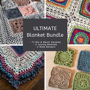Puede incluir: Un paquete de mantas de ganchillo con 71 cuadrados para mezclar y combinar, 4 métodos de unión y 2 bordes anchos. Los cuadrados son de varios colores y patrones, incluyendo un diseño floral, un diseño geométrico y un diseño de mandala.