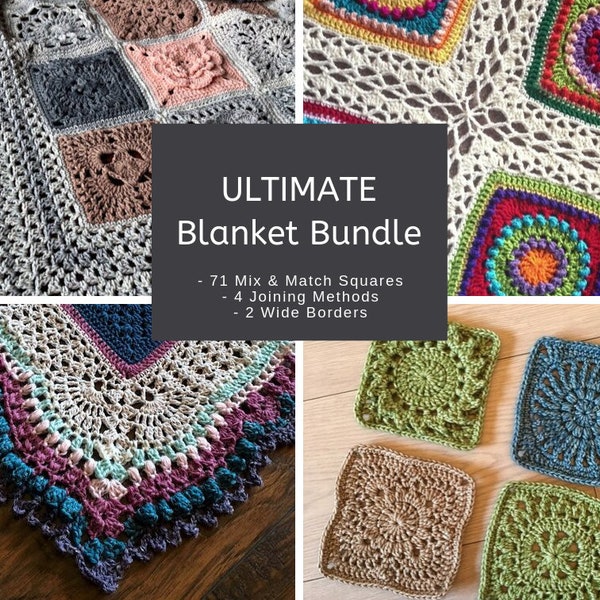 CROCHET PATTERN BUNDLE - 4 PDFs with 71 squares, 4 joining methods, and 2 nice and wide borders - All squares are designed to mix and match