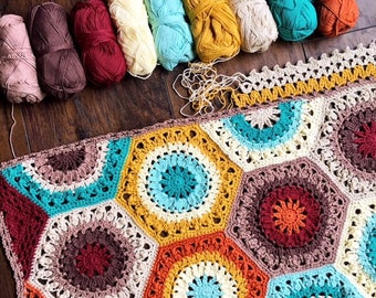 幾何学的なかぎ針編みのパターン、六角形のモチーフの簡単な