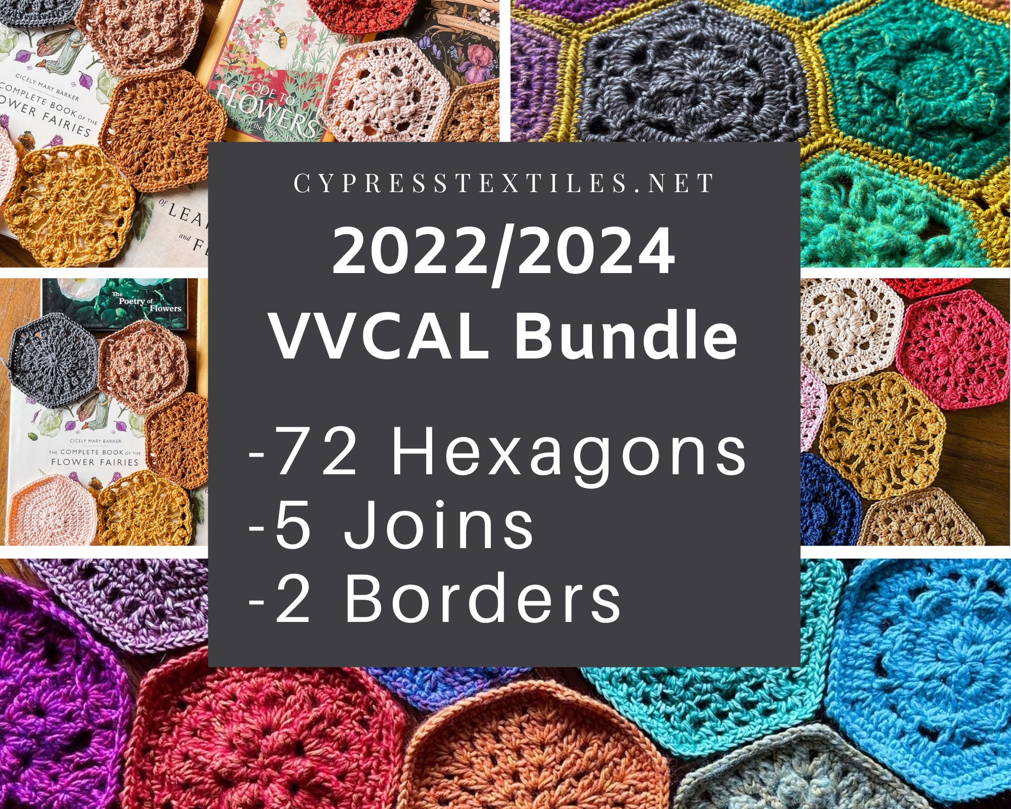 CROCHET PATTERN BUNDLE 2022 and 2024 vvcal both us and uk terms - 72 hexagons, 5 joins, 2 borders - Hexagons designed to mix and match