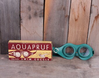 Vintage Pair EZ Products Aquapruf Rubber 1950's 1960's Mid Century Green Swimming Goggles in Original Box