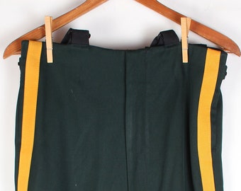 Vintage Pair Stanburg Brand Dark Green Marching Band Uniform Pants with Yellow Stripes and Suspenders 32 x 30 High Rise