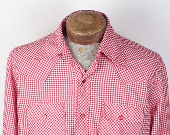 Vintage Men's Red White Gingham Western Wear Button Up Cotton Shirt
