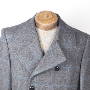 Vintage 1960s Westerfield Wool Overcoat: Gray Blue Plaid, Leather Buttons, Size 38