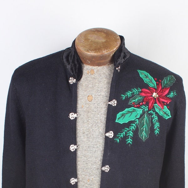 1990's Era Crystal Kobe Brand Women's Christmas Poinsettia Sequined Black Sweater with Velvet Trim Size S