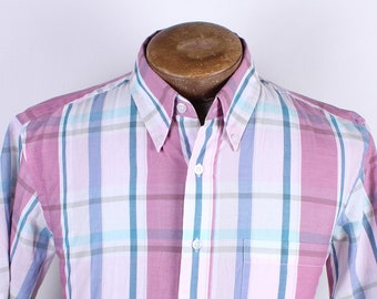 1980s Noreaster Plaid Shirt: Men's Pastel Check Button Down, Size Medium