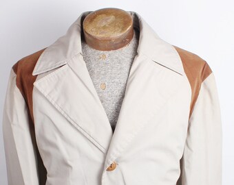 Vintage Tan Western Style Trench Coat Rain Coat Men's Faux Leather Accents Size XL Long