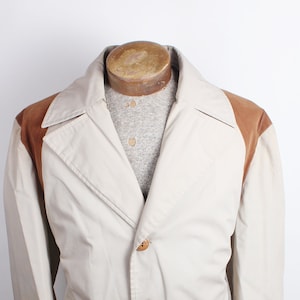 Vintage Tan Western Style Trench Coat Rain Coat Men&#39;s Faux Leather Accents Size XL Long