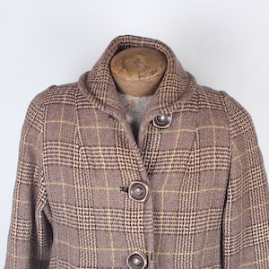 Mid Century Brown Cream Plaid Women&#39;s Winter Overcoat Swing Style Large Buttons Wool Size L Preppy Style