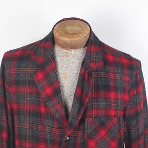 1970's Pendleton Brand Men's Button Up Wool Jacket Gray Red Plaid Leather Buttons Size L