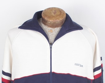 Vintage 80s Finish Line Track Jacket: Cream & Navy Zip-Up, Size XL