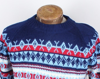 1970's Era Men's Acrylic Ski Sweater Cream Navy Christmas Sweater 38 Chest