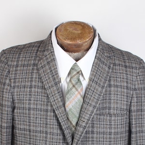 Vintage Mid Century Penney&#39;s Brand Wool Gray Tan Plaid Men&#39;s Dress Blazer Size 38R
