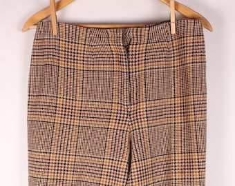 Vintage 1970's Era Sears Brand Women's Wool Plaid Dress Pants Brown Yellow Navy Preppy Style Size 6