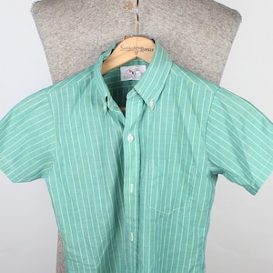 1970&#39;s Era Short Sleeve K6 Brand Green Yellow Striped Boys Button Down Size 12 Preppy Style